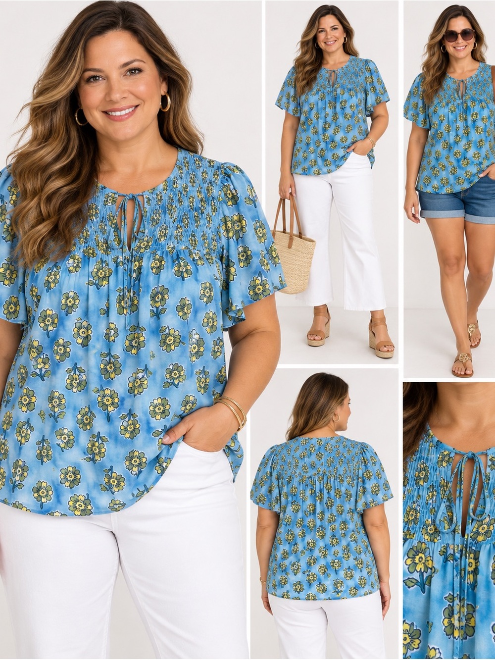 Size XXL Blue Floral Smocked Yoke Tie Blouse